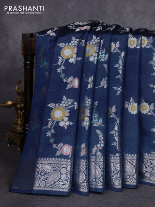 Poona silk saree peacock blue with allover thread & zari weaves and zari woven simple border