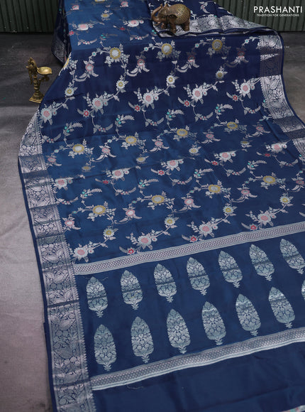 Poona silk saree peacock blue with allover thread & zari weaves and zari woven simple border