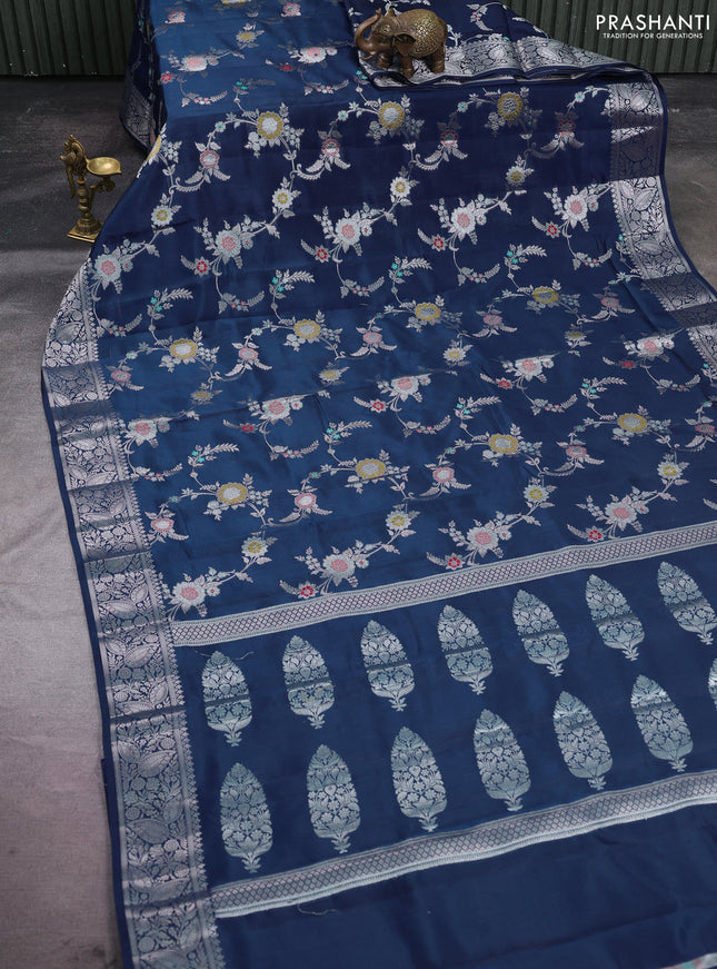 Poona silk saree peacock blue with allover thread & zari weaves and zari woven simple border