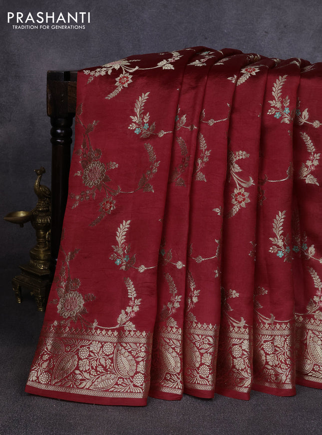 Poona silk saree deep maroon with allover thread & zari weaves and zari woven simple border