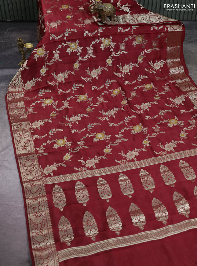 Poona silk saree deep maroon with allover thread & zari weaves and zari woven simple border