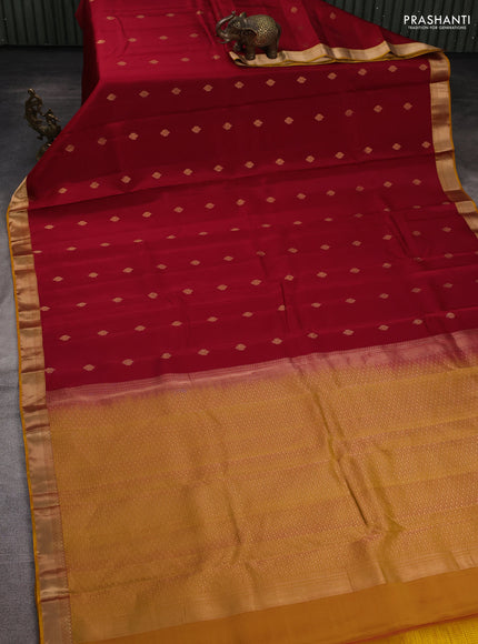 Kanchipuram silk saree maroon and mustard yellow with allover zari woven buttas and zari woven border