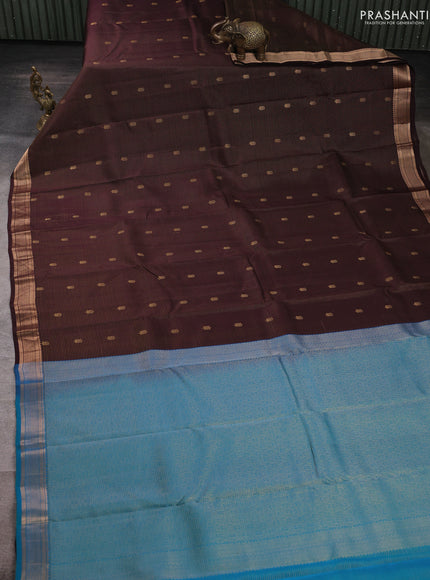 Kanchipuram silk saree coffee brown and teal green with allover vairosi pattern & zari buttas and zari woven border