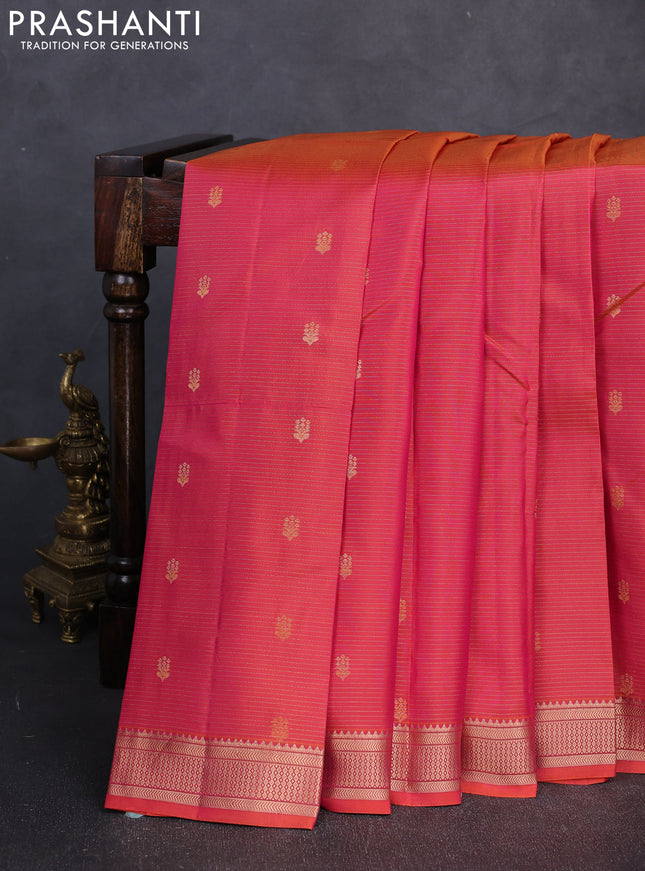 Kanchipuram silk saree dual shade of pinkish orange and teal green with allover vairosi pattern & zari buttas and zari woven border