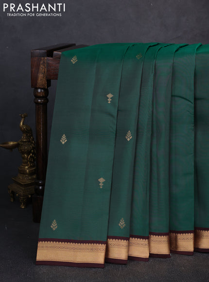 Kanchipuram silk saree green and coffee brown with zari woven buttas and small zari woven border