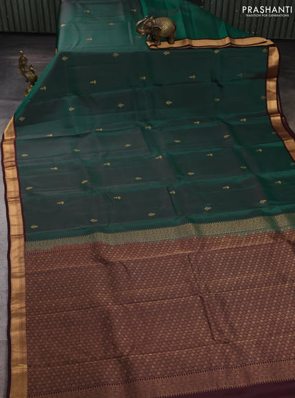 Kanchipuram silk saree green and coffee brown with zari woven buttas and small zari woven border