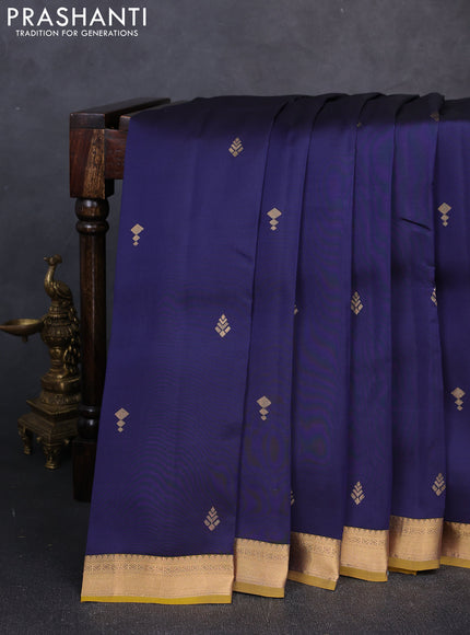 Kanchipuram silk saree navy blue and mustard green with zari woven buttas and zari woven border