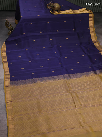 Kanchipuram silk saree navy blue and mustard green with zari woven buttas and zari woven border