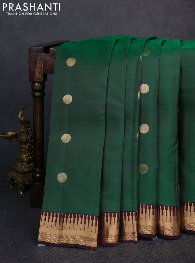 Kanchipuram silk saree green and coffee brown with rudraksha zari woven buttas and temple design zari woven border