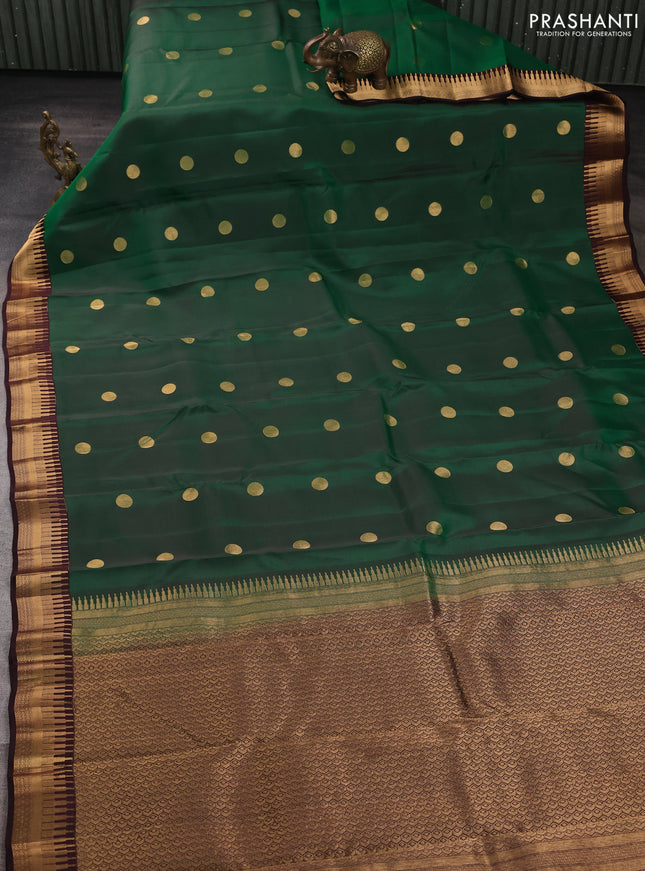 Kanchipuram silk saree green and coffee brown with rudraksha zari woven buttas and temple design zari woven border