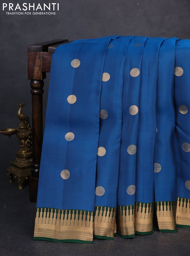 Kanchipuram silk saree peacock blue and green with rudraksha zari woven buttas and temple design zari woven border