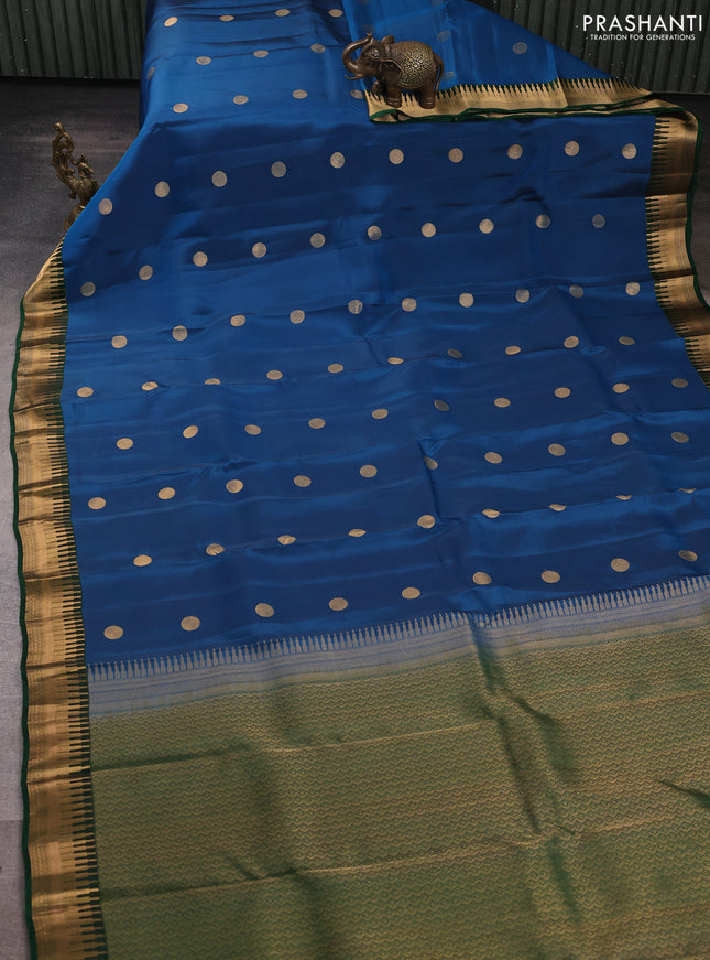 Kanchipuram silk saree peacock blue and green with rudraksha zari woven buttas and temple design zari woven border