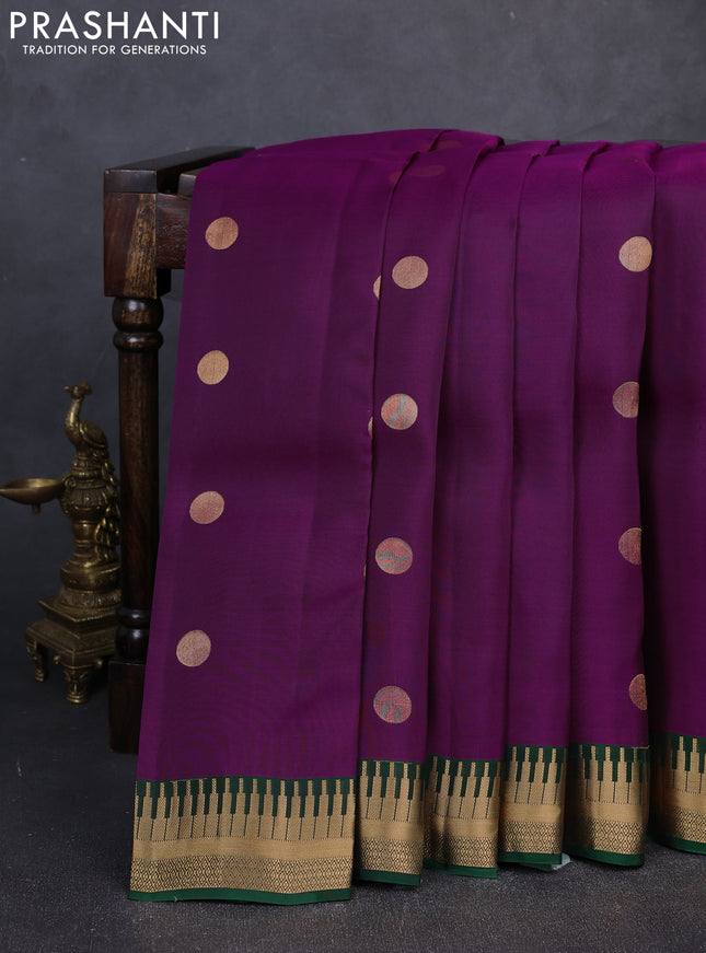 Kanchipuram silk saree purple and green with rudraksha zari woven buttas and temple design zari woven border