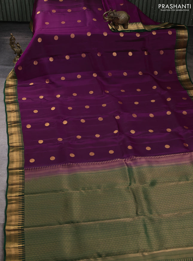 Kanchipuram silk saree purple and green with rudraksha zari woven buttas and temple design zari woven border