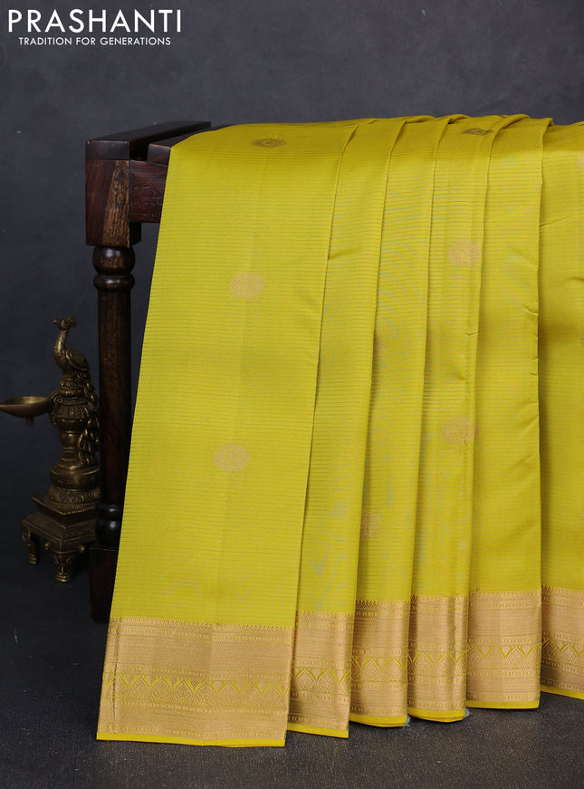 Kanchipuram silk saree lime green and pink with allover vairosi pattern & zari buttas and zari woven border