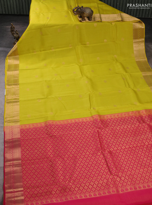 Kanchipuram silk saree lime green and pink with allover vairosi pattern & zari buttas and zari woven border