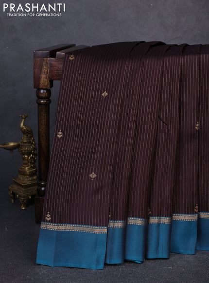 Kanchipuram silk saree coffee brown and peacock green with allover zari woven stripes & buttas and zari woven simple border