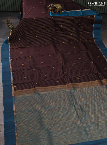 Kanchipuram silk saree coffee brown and peacock green with allover zari woven stripes & buttas and zari woven simple border