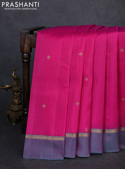 Kanchipuram silk saree pink and dual shade of teal green with allover zari woven stripes & buttas and zari woven simple border