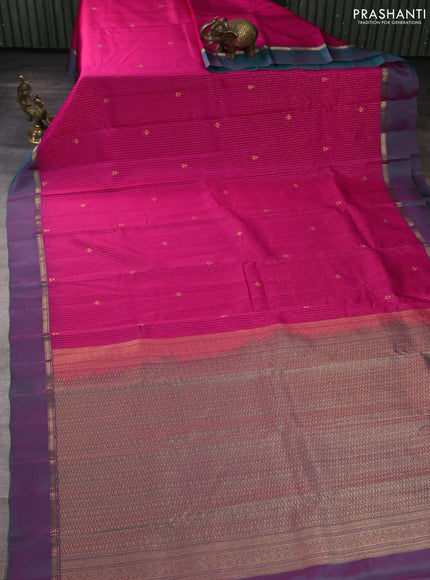 Kanchipuram silk saree pink and dual shade of teal green with allover zari woven stripes & buttas and zari woven simple border