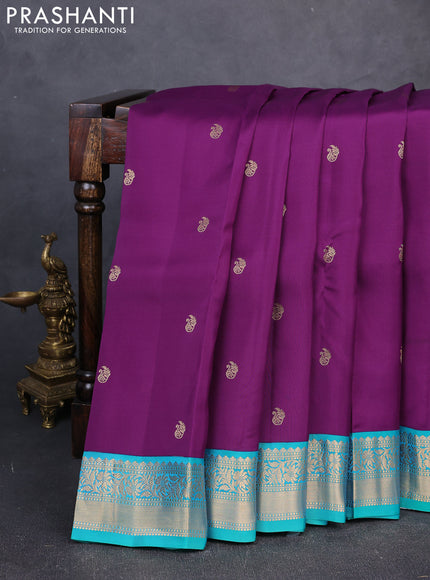 Kanchipuram silk saree purple and teal green with zari woven buttas and zari woven border