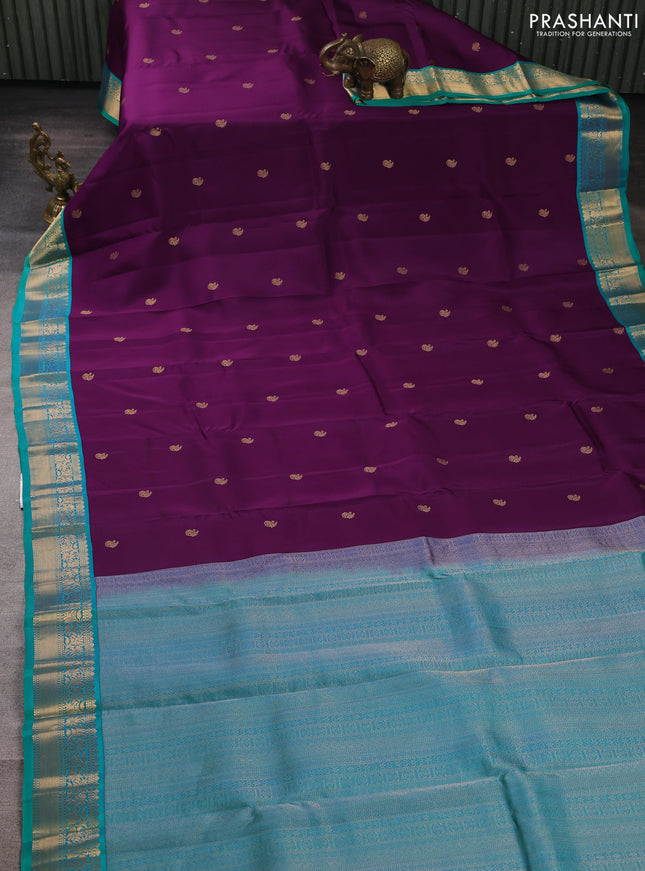 Kanchipuram silk saree purple and teal green with zari woven buttas and zari woven border