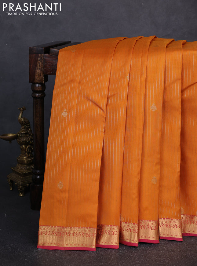 Kanchipuram silk saree mustard yellow and dual shade of pink with allover zari woven stripes & buttas and zari woven simple border