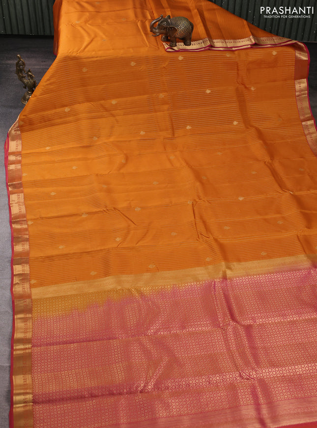 Kanchipuram silk saree mustard yellow and dual shade of pink with allover zari woven stripes & buttas and zari woven simple border