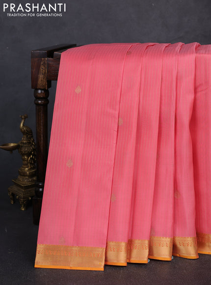 Kanchipuram silk saree peach and mustard yellow with allover zari woven stripes & buttas and zari woven border