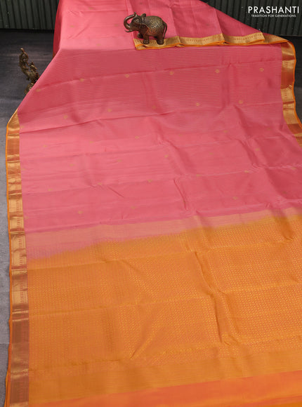 Kanchipuram silk saree peach and mustard yellow with allover zari woven stripes & buttas and zari woven border