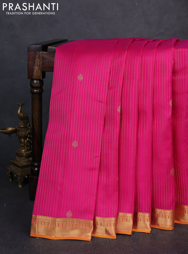 Kanchipuram silk saree pink and mango yellow with allover zari woven stripes & buttas and zari woven border