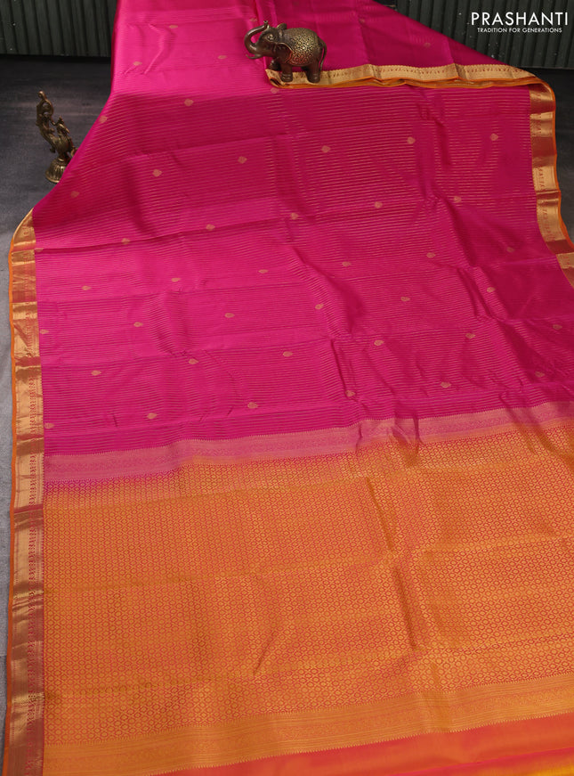 Kanchipuram silk saree pink and mango yellow with allover zari woven stripes & buttas and zari woven border