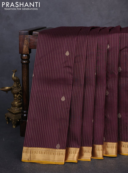 Kanchipuram silk saree coffee brown and mustard green with allover zari woven stripes & buttas and zari woven simple border