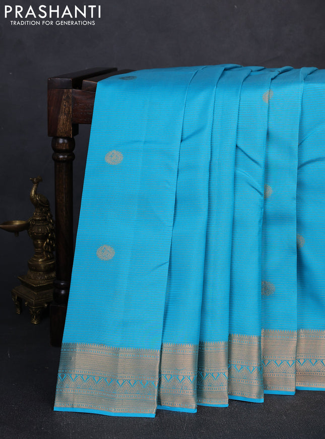 Kanchipuram silk saree teal blue and red with allover vairosi pattern & zari buttas and zari woven border