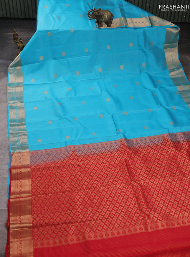 Kanchipuram silk saree teal blue and red with allover vairosi pattern & zari buttas and zari woven border