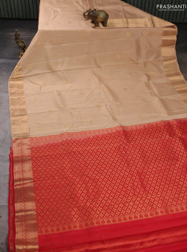 Kanchipuram silk saree beige and red with allover vairosi pattern & zari buttas and zari woven border