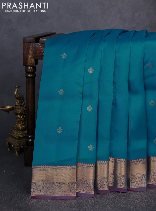 Kanchipuram silk saree cs blue and dual shade of red with zari woven buttas and zari woven border