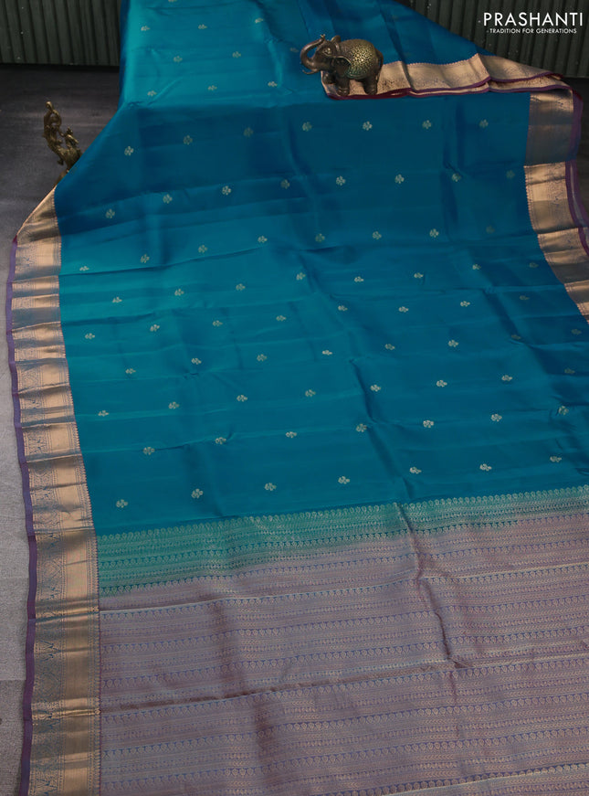 Kanchipuram silk saree cs blue and dual shade of red with zari woven buttas and zari woven border