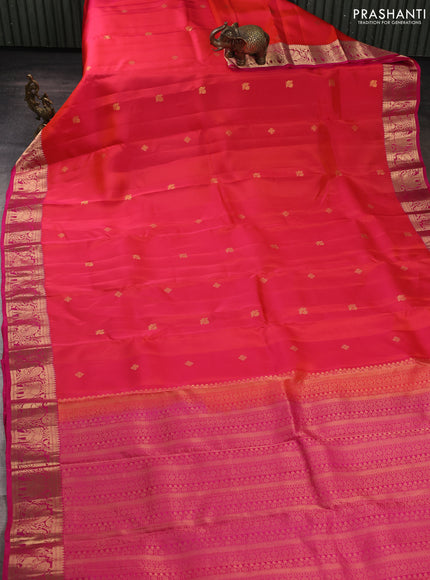 Kanchipuram silk saree tomato red and pink with zari woven buttas and zari woven border