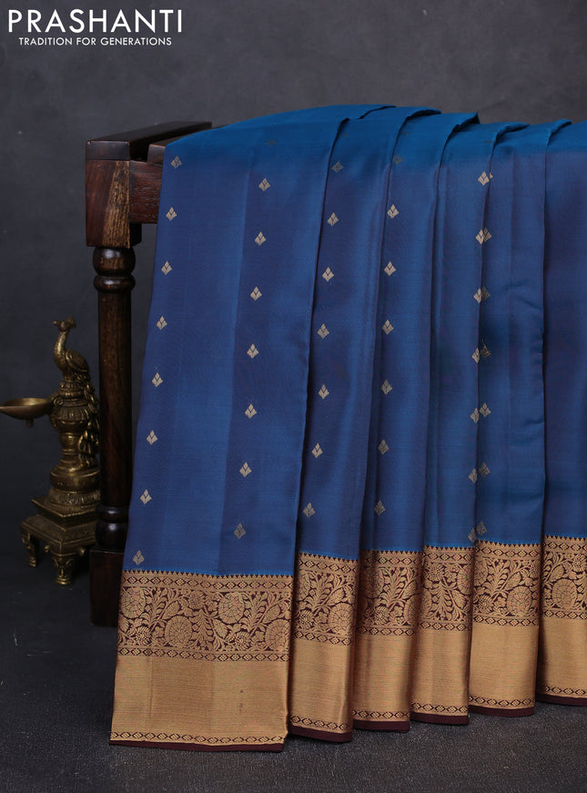 Kanchipuram silk saree peacock blue and coffee brown with allover zari woven buttas and rich zari woven border
