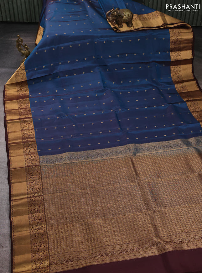 Kanchipuram silk saree peacock blue and coffee brown with allover zari woven buttas and rich zari woven border