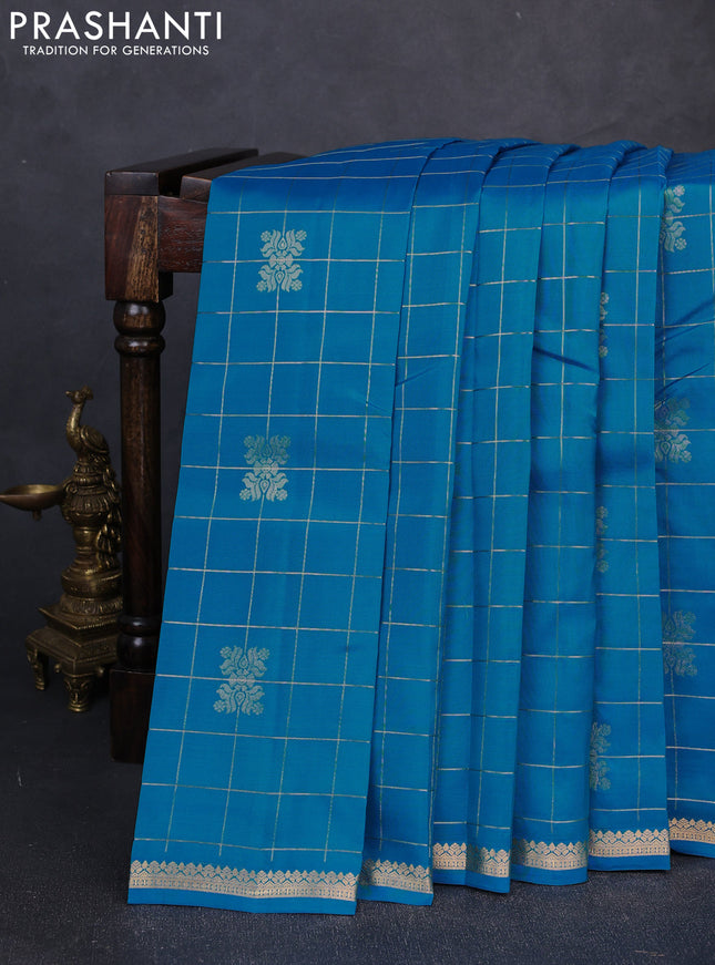 Kanchipuram silk saree cs blue and pink with allover zari checks & buttas and rich zari woven border