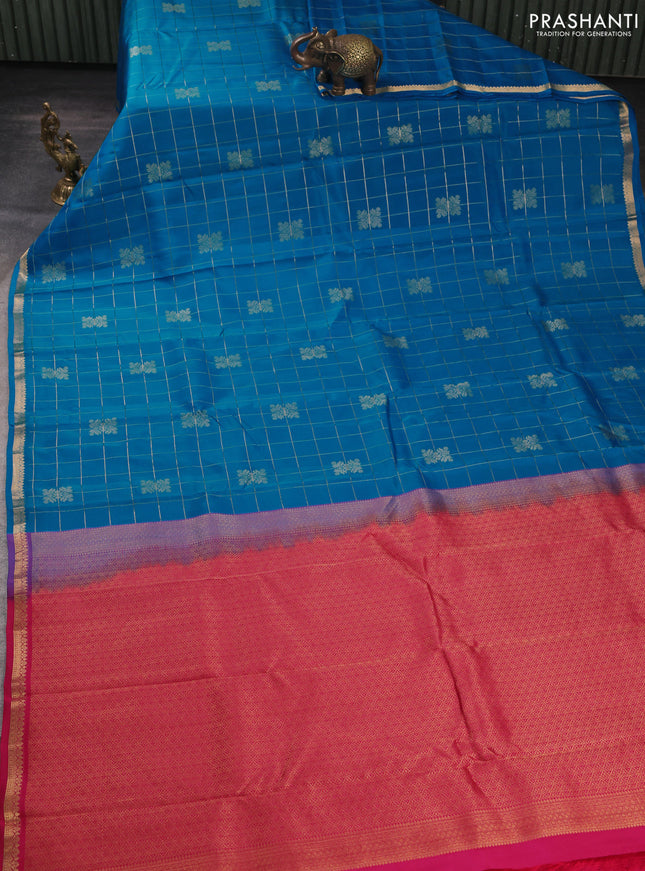 Kanchipuram silk saree cs blue and pink with allover zari checks & buttas and rich zari woven border