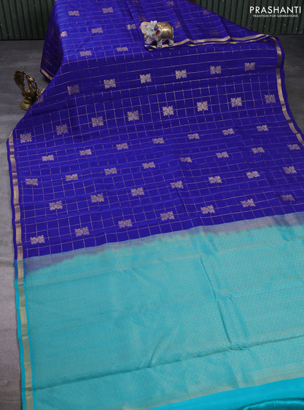 Kanchipuram silk saree royal blue and teal green with allover zari checks & buttas and rich zari woven border