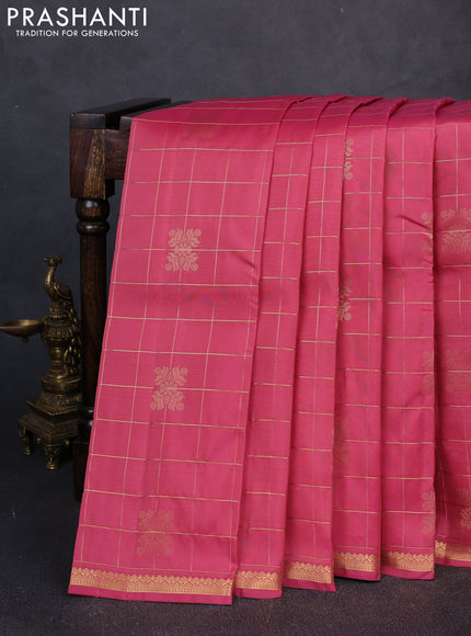 Kanchipuram silk saree pink shade and teal green with allover zari checks & buttas and rich zari woven border