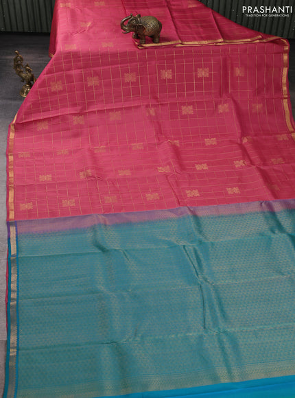 Kanchipuram silk saree pink shade and teal green with allover zari checks & buttas and rich zari woven border