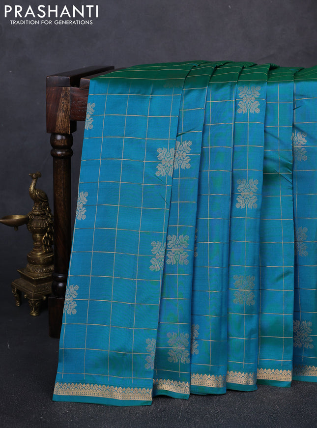 Kanchipuram silk saree teal green and tomato pink with allover zari checks & buttas and rich zari woven border