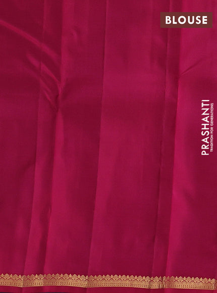 Kanchipuram silk saree teal green and tomato pink with allover zari checks & buttas and rich zari woven border