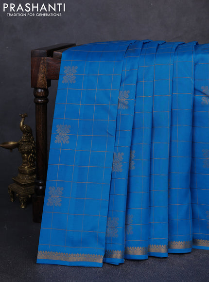 Kanchipuram silk saree cs blue and tomato pink with allover zari checks & buttas and rich zari woven border