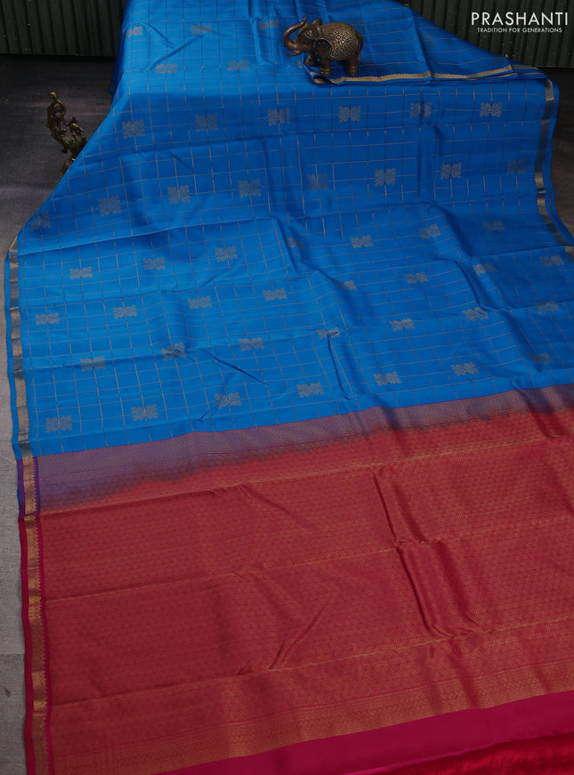 Kanchipuram silk saree cs blue and tomato pink with allover zari checks & buttas and rich zari woven border